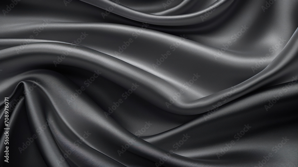 A close-up of a luxurious black satin textile with a delicate arrangement of soft, elegant folds.