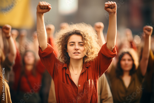 Demonstration of feminist women with raised hands photo