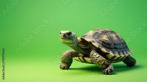 turtle realistic on a green background. banner. copy space, generative ai