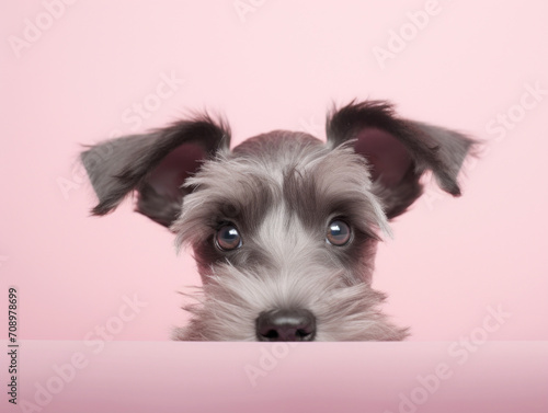 An adorable grey and white dog with expressive eyes peeking over a pink surface, showing curiosity and playfulness.