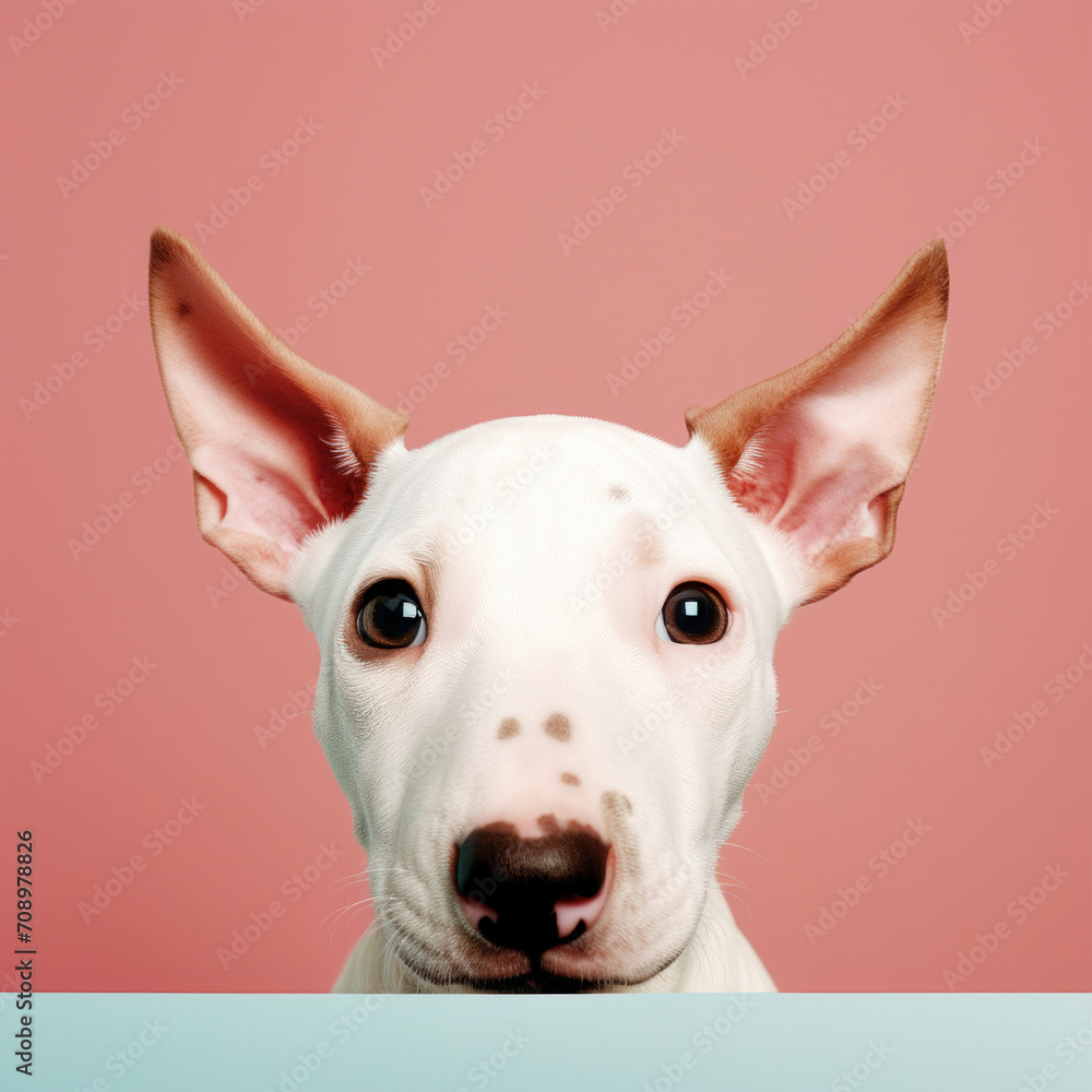 A unique white dog with black spots and large upright ears peeking over an edge, showing a mixture of curiosity and alertness.