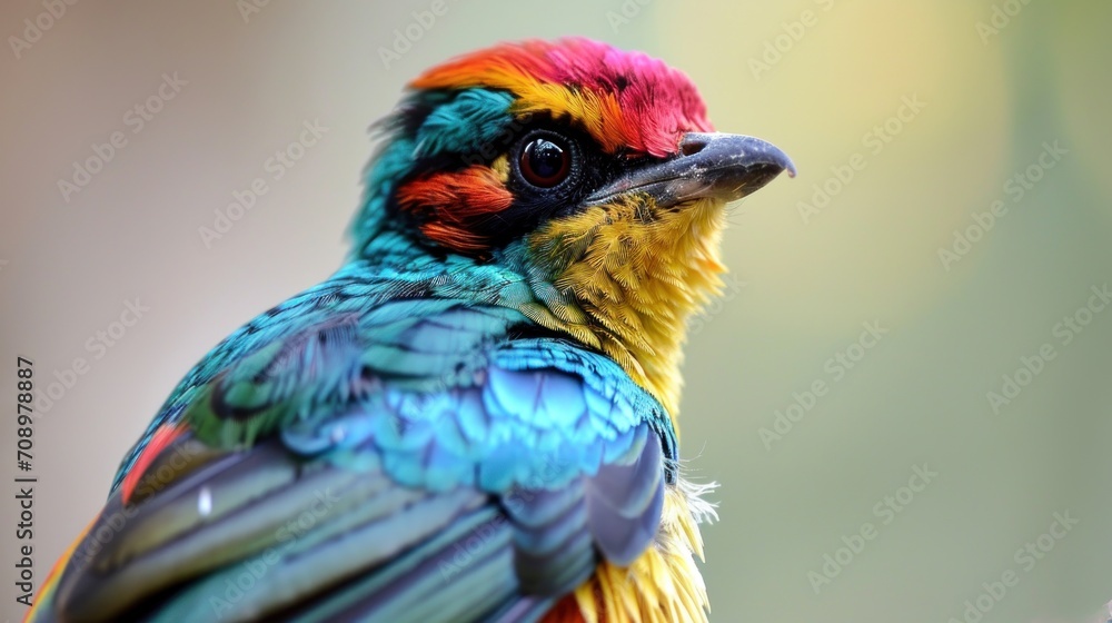 Fototapeta premium a close up of a colorful bird on a branch with a blurry backround in the background and a blurry backround in the foreground.