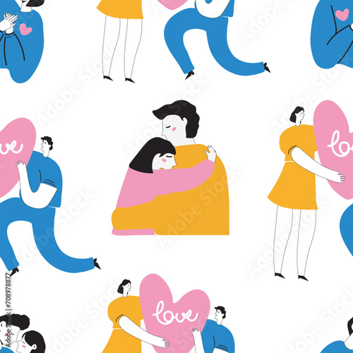 Seamlles pattern.Vector illustration. Happy valentine's day. Boy and girl cartoon character. All elements isolated
