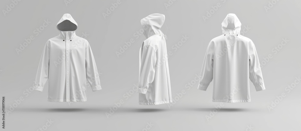  rendering of a white raincoat mockup, front and back view, isolated. Clear waterproof oversized jacket for rainy protection. - obrazy, fototapety, plakaty 