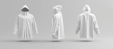  rendering of a white raincoat mockup, front and back view, isolated. Clear waterproof oversized jacket for rainy protection.