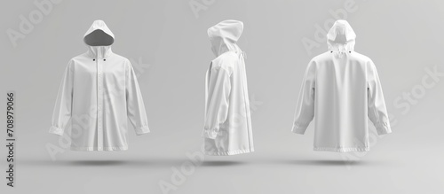  rendering of a white raincoat mockup, front and back view, isolated. Clear waterproof oversized jacket for rainy protection. photo