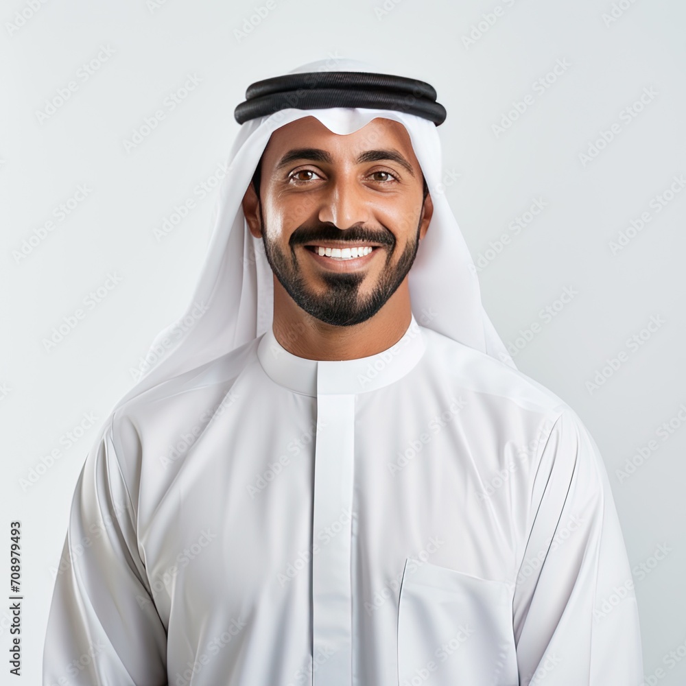 Smiling Emirati Man in Traditional Clothing Portraying Happiness in Studio Smiling Emirati Man in Traditional Clothing Portraying Happiness in Studio
