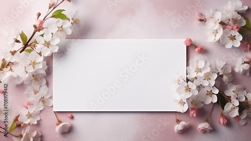 Top view of a blank white card on a table surrounded by delicate cherry blossoms and petals, perfect for springtime messages.