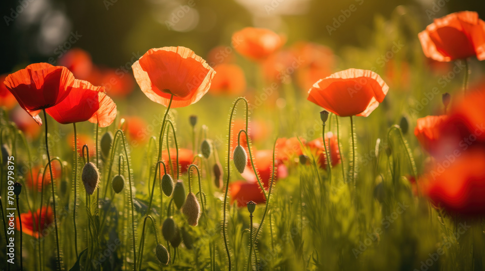 Obraz premium Sunlight filters through a vibrant field of red poppies, a poignant symbol of remembrance and the delicate dance of life