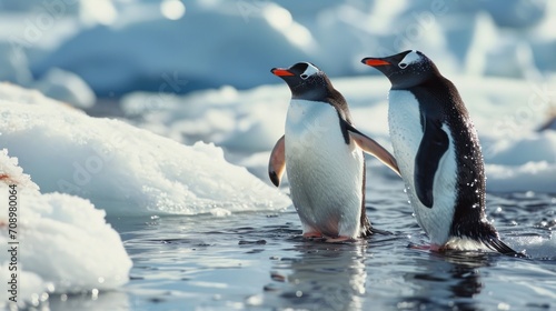  a couple of penguins standing on top of a body of water next to a bunch of icebergs that are floating on top of the water in the ocean.