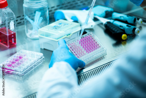 geneticist working with microplate for cells analysis in the genetic lab. Researcher working with samples of tissue culture in microplate in the bioengineering laboratory