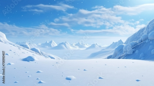 A serene snowy landscape extending to a clear blue sky, untouched by footprints, evoking a tranquil winter wonderland.