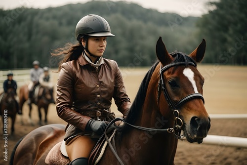 Focused female equestrian on horseback riding gracefully in outdoor arena. AI