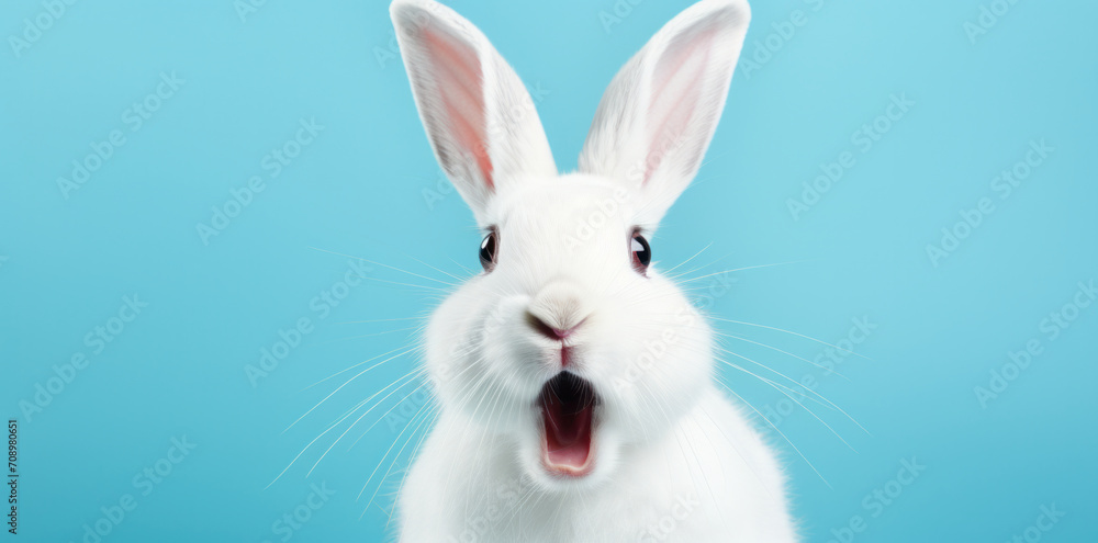 A startled white bunny against a tranquil blue background, a whimsical nod to Easter