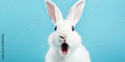 A startled white bunny against a tranquil blue background, a whimsical nod to Easter © Ai Studio