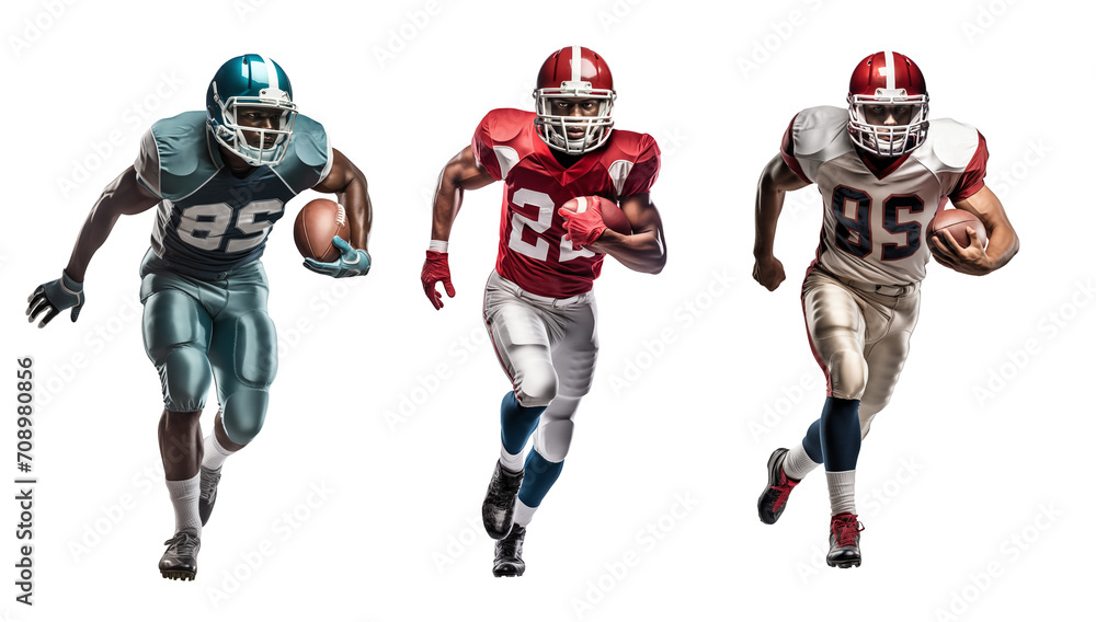 American football running back player running holding a ball, isolated background American football running back player running holding a ball, isolated background