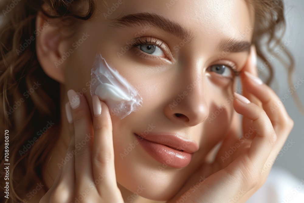 a beautiful, alluring woman applying night cream to her face a beautiful, alluring woman applying night cream to her face