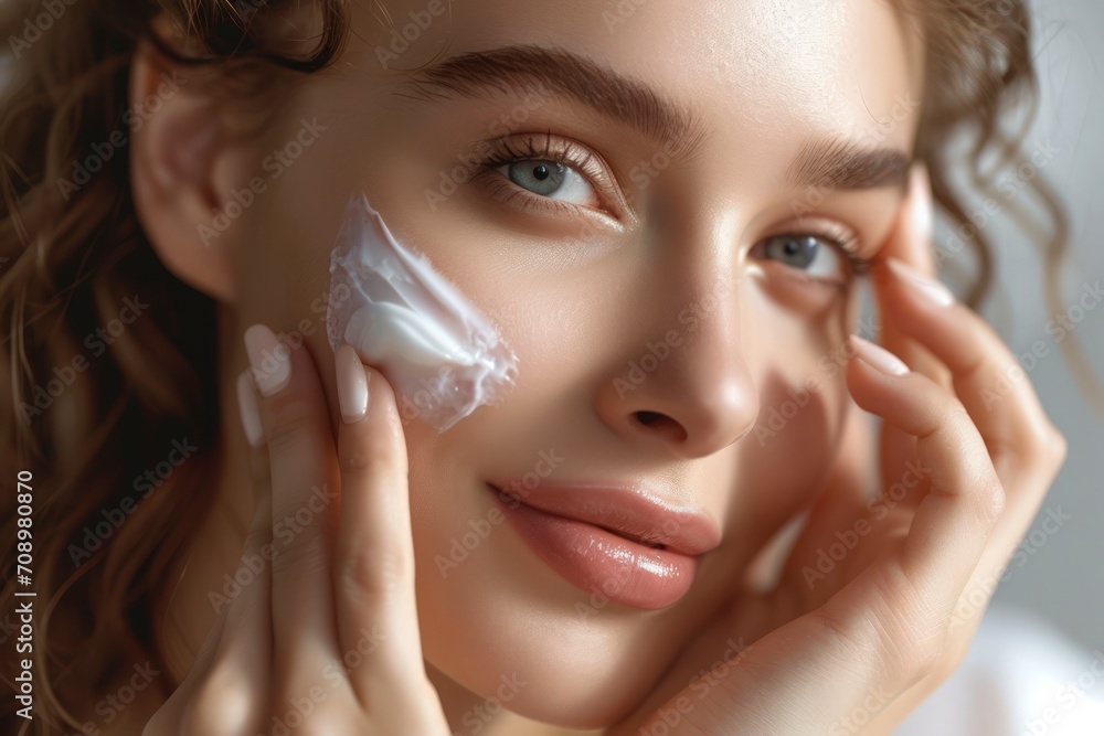 a beautiful, alluring woman applying night cream to her face