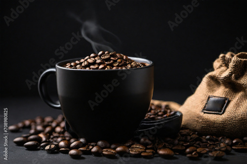 photo of a cup of coffee and a bag of coffee beans on the table