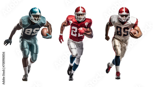 American football running back player running holding a ball, isolated background