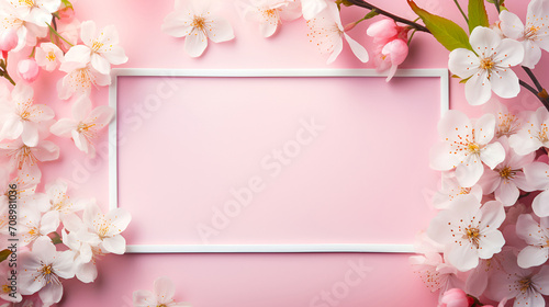 Floral frame or border made of cherry blossom branches. Floral background with copy space. Top view, flat lay.