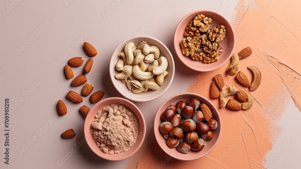 three bowls filled with nuts on top of a pink counter top next to a bowl of almonds and a bowl of powdered almonds on a pink surface. three bowls filled with nuts on top of a pink counter top next to a bowl of almonds and a bowl of powdered almonds on a pink surface.