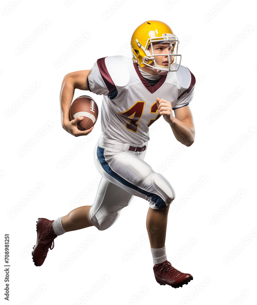 American football running back player running with a ball, side view