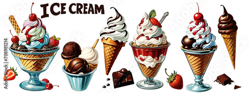Collection of vintage illustrations with effects Halftone cartoon style in 1950's, Illustration of  ice cream, Transparent background PNG.