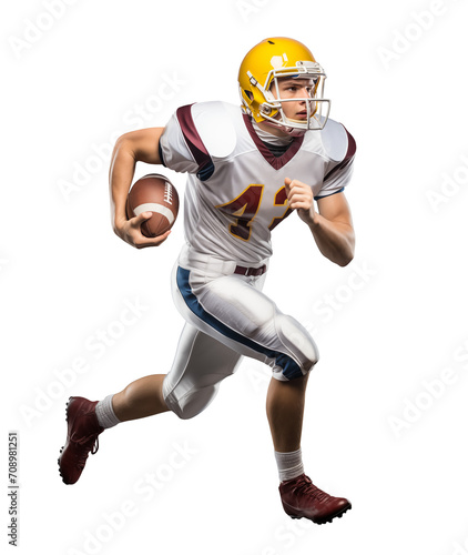 American football running back player running with a ball, side view