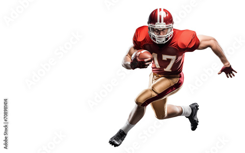 Gridiron running back player running with a ball on isolated background
