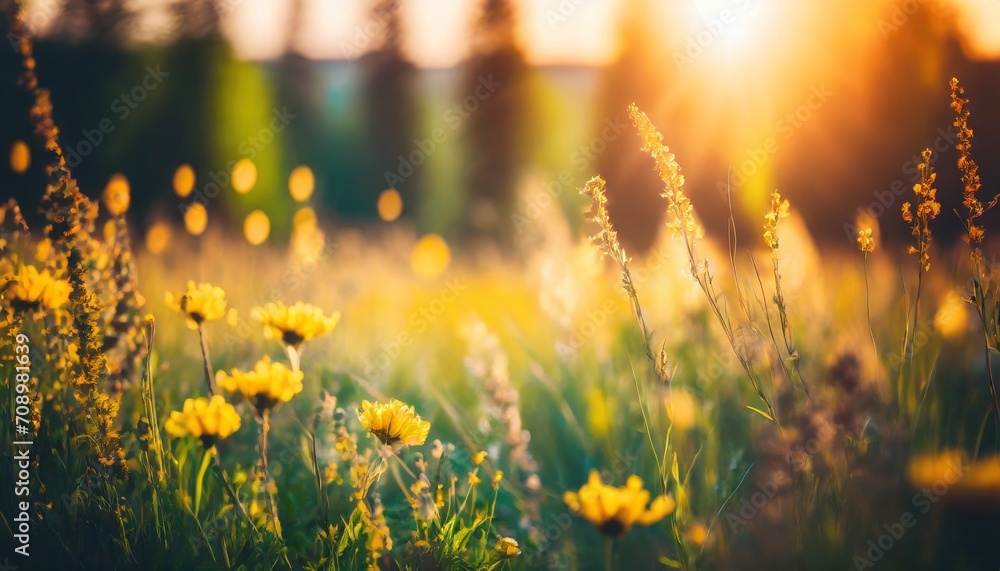 abstract soft focus sunset field landscape of yellow flowers and grass meadow warm golden hour sunset sunrise time tranquil spring summer nature closeup and blurred forest background idyllic nature