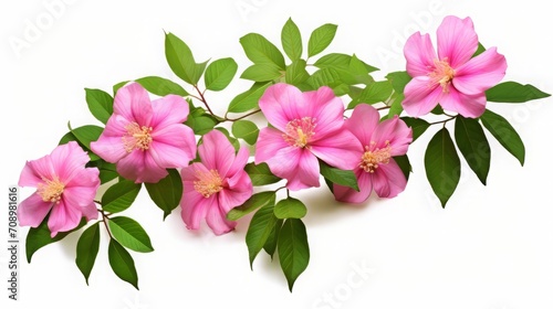 Wild Rosa hybrida blooms accompanied by lush green foliage thrive in the tropical rainforest, set against a white backdrop with a clipping path included.
 photo