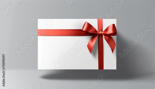 blank white gift card with red ribbon bow isolated on grey background with shadow minimal conceptual