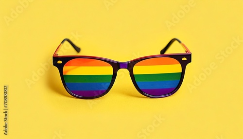 sunglasses lgbtq community flag colors yellow background close up rainbow pattern glasses lgbt pride people symbol gay lesbian etc love sign human diversity concept summer holidays fun accessory