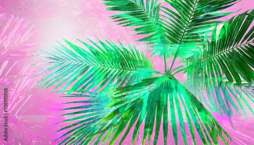 bright mint and green holographic neon colored abstract palm leaves on pink background with interlaced digital motion glitch effect 90s night club jungle beach summer party retro style flyer template