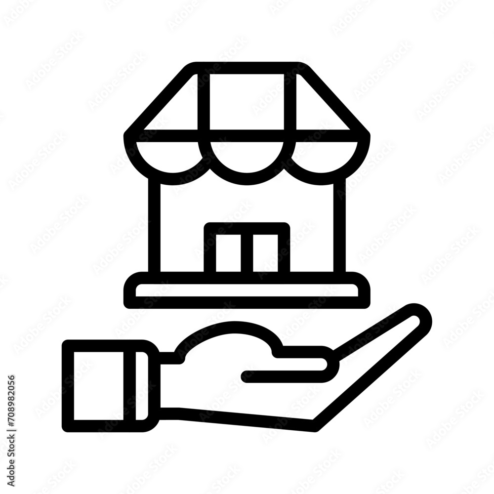 store market shop icon and hand icon outline black style. Business and finance icons store market shop icon and hand icon outline black style. Business and finance icons