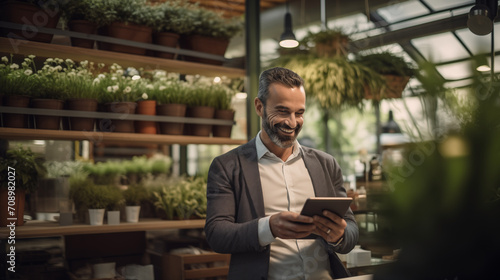  a business person, casually dressed, using a tablet device, plant shop reflecting the seamless integration of technology into the store environment