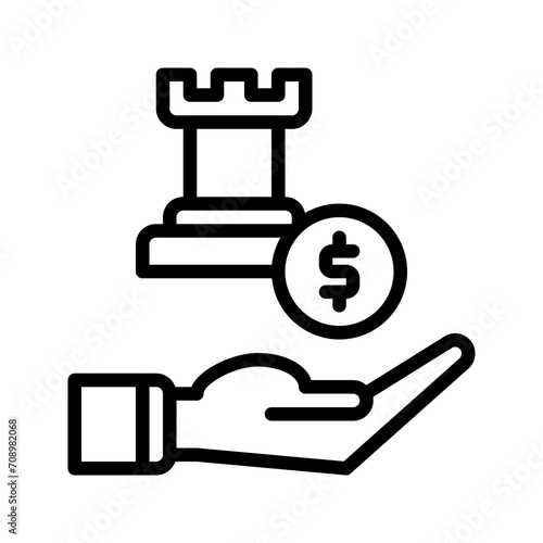 startegy coin and hand icon outline black style. Business and finance icons