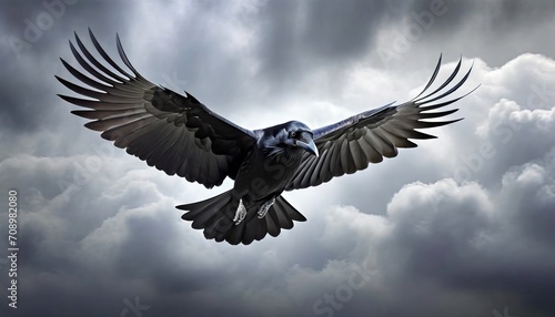 flying raven against the background of a gray cloudy sky