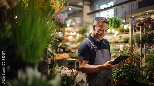 the plant shop owner in a candid moment with a digital tablet, reflecting the seamless integration of technology into the store environment