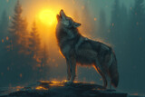 A Majestic Wolf's Howl in the Illuminated Forest