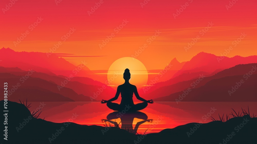  a person sitting in a lotus position in front of a sunset with mountains and a body of water in the foreground, with the sun setting in the distance.