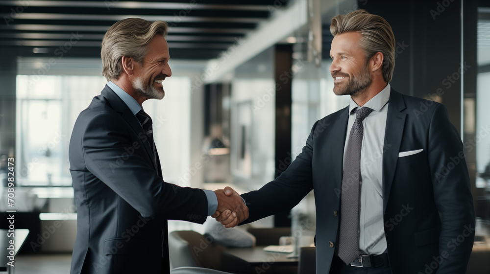 a middle-aged businessman wears a smile while firmly handshaking his partner, sealing a partnership collaboration agreement during an office meeting
