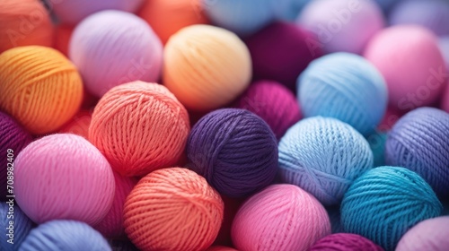 Close-up of coloured skeins of wool thread. Cosy hobby concept photo