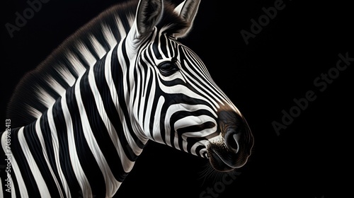  a close up of a zebra s head on a black background with a light shining on the side of the zebra s head and the zebra s head.