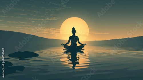  a silhouette of a person sitting in a lotus position in the middle of a body of water with the sun rising over the mountains in the back of the horizon.