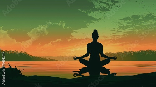 a silhouette of a person sitting in a lotus position in front of a body of water with a sunset in the back ground and a few clouds in the sky.