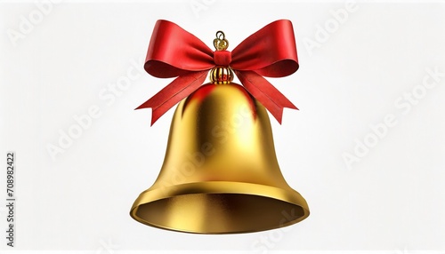 golden christmas bell with a red bow on white background