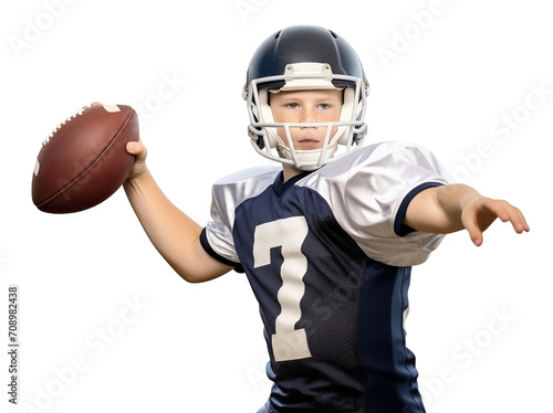 Young kid in american football uniform throwing a ball