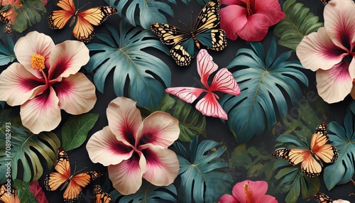 seamless tropical wallpaper with flowers leaves butterflies floral pattern with hibiscus dark vintage botanical background premium 3d illustration luxury design for wallpaper paper clothing